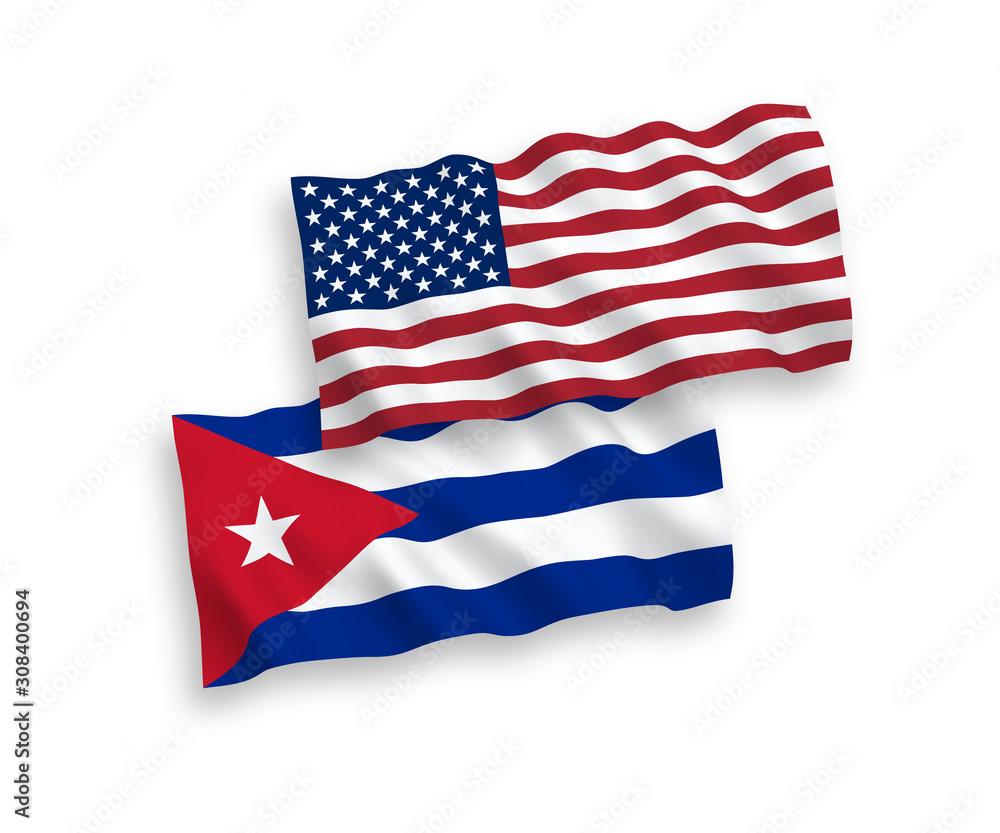 Fototapeta premium National vector fabric wave flags of Cuba and USA isolated on white background. 1 to 2 proportion.