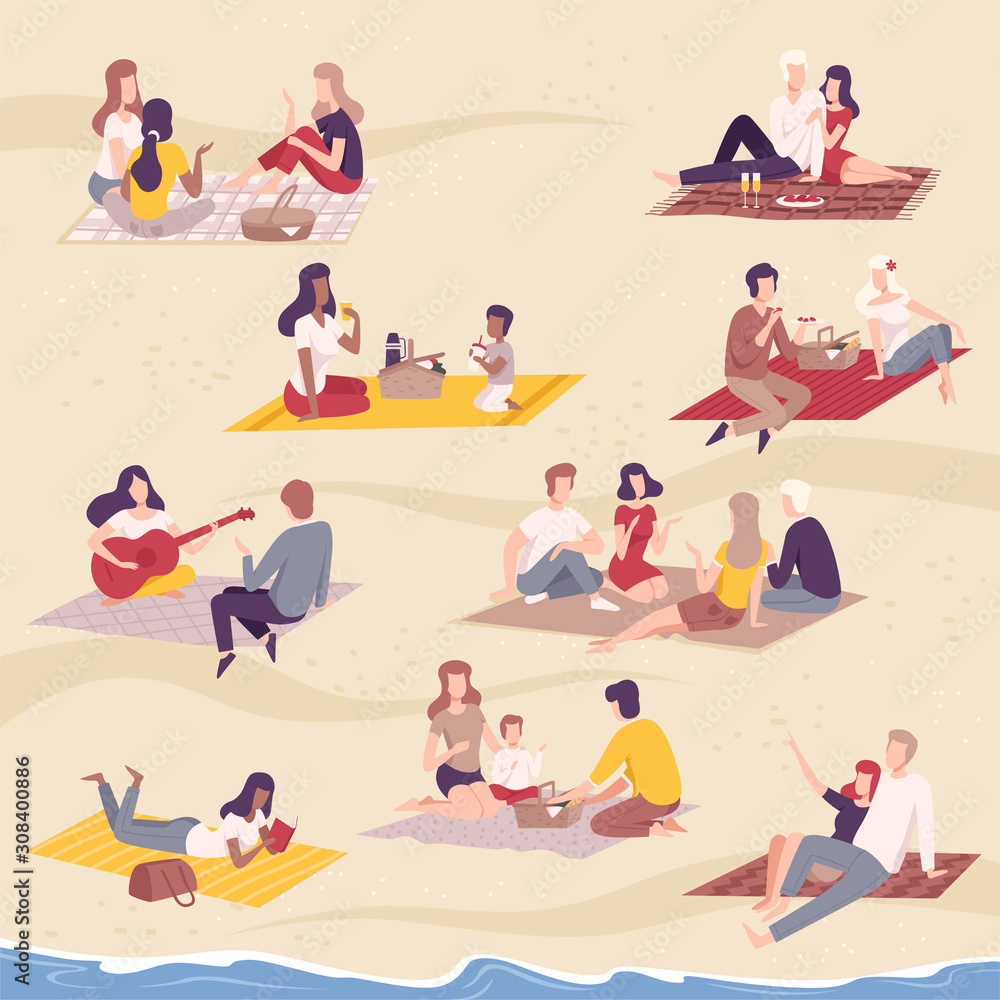Φωτογραφία People Having Picnic in the Park Set, Friends, Families and Couples in Love Rela