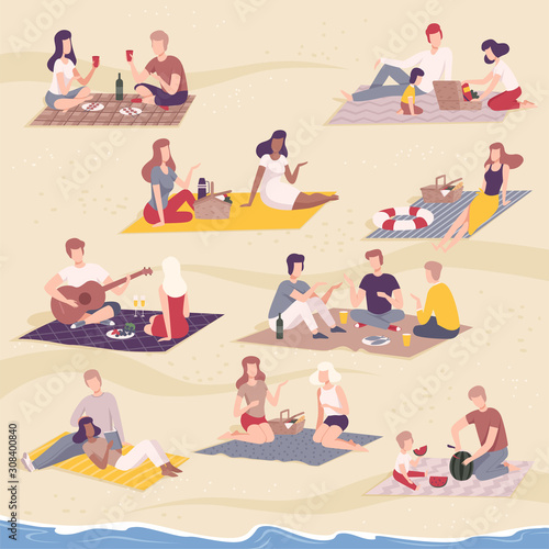 People Having Picnic in the Park Set, Friends Characters Relaxing, Eating and Communicating on Nature Flat Vector Illustration