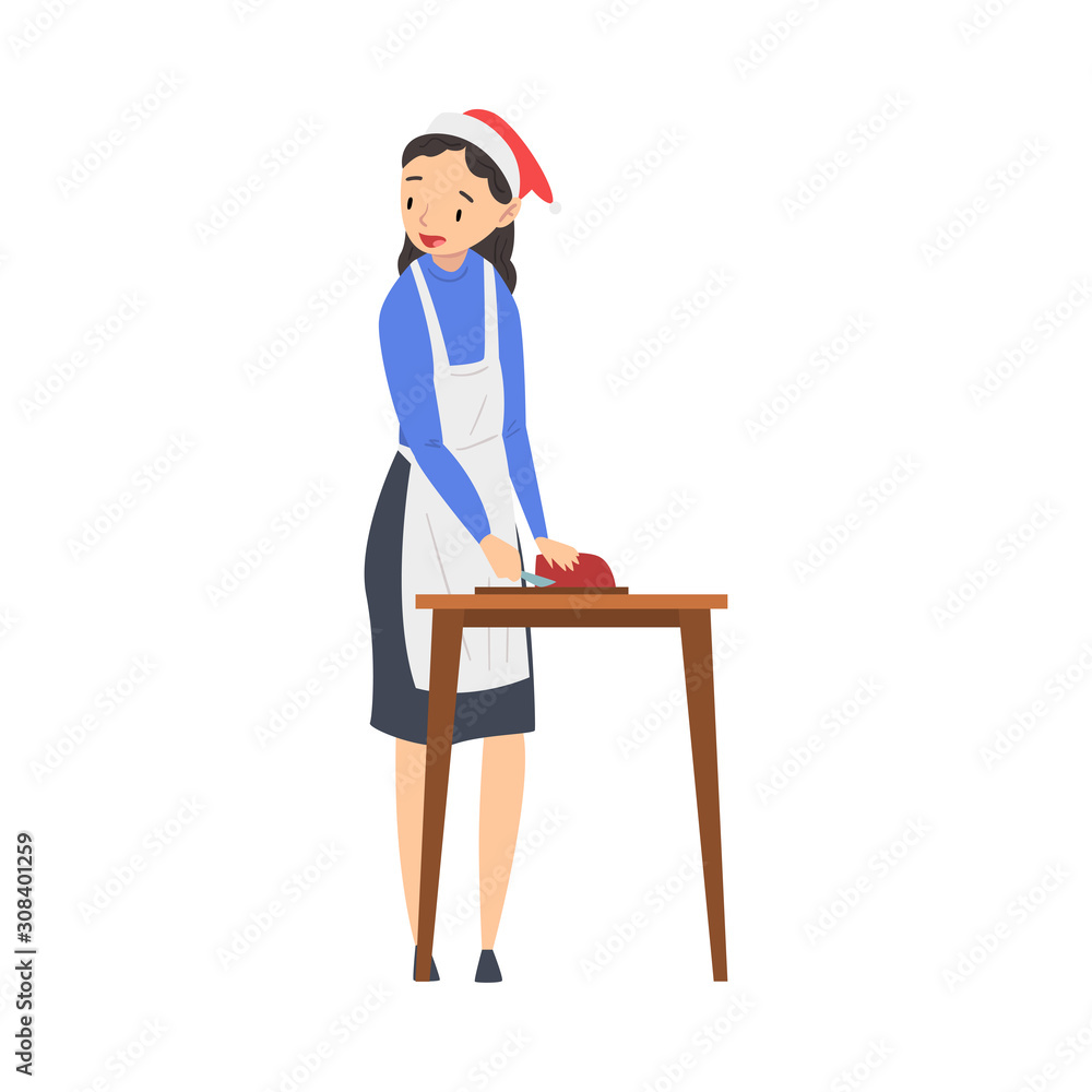 Young Woman Cooking Food for Christmas Holidays Wearing Santa Claus Hat, Christmas Eve, New Year Celebration Vector Illustration