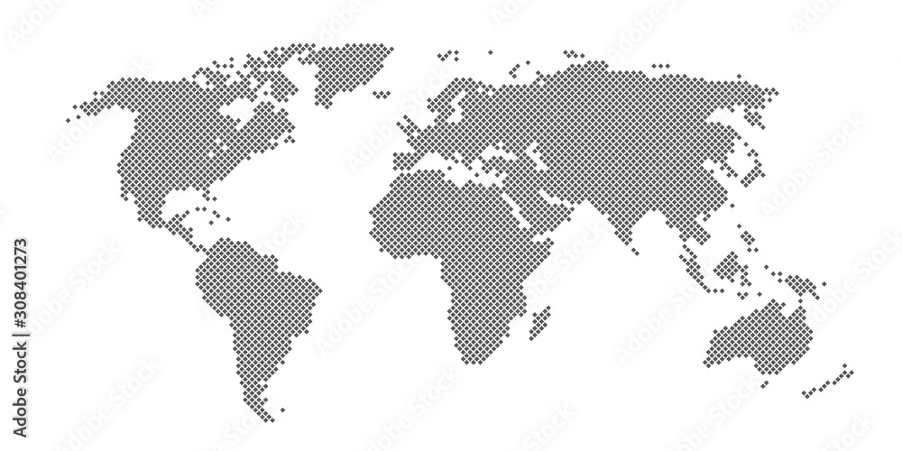 Naklejka premium Abstract pixel world map. Halftone style. Vector illustration.