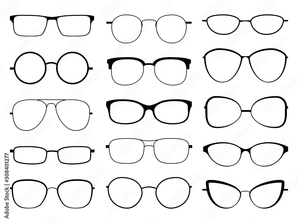 Glasses silhouette. Stylish frame sunglasses, eyeglasses optical eyesight  different shapes, frames and fashion rims vector set Stock Vector | Adobe  Stock