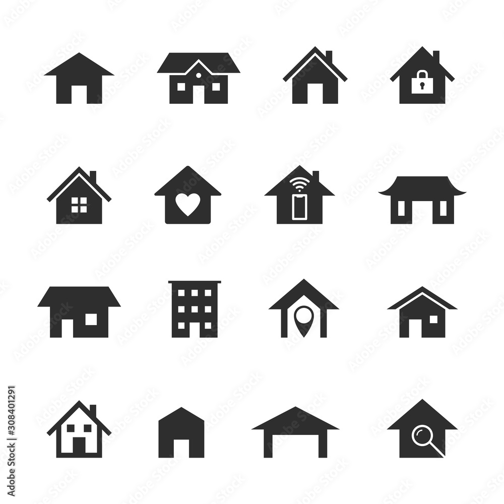 Home icons. Black houses silhouettes, smart home service. Web homepage buttons, security locations and residential insurance vector symbols