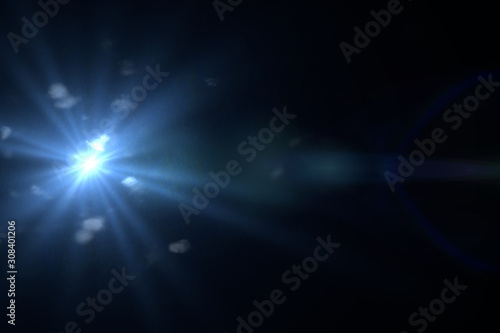 bright blue lens flare with bokeh effects, overlay texture in front of a black background
