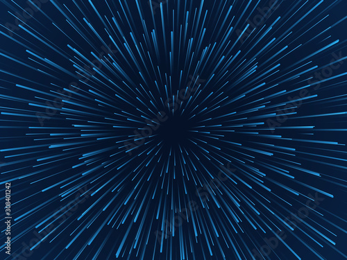 Warp stars. Fast movement, hyperspace moving stars in gravitational field, space traveling tunnel. Futuristic neon particles vector concept