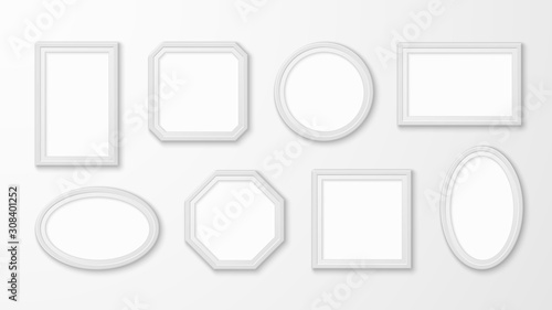 White picture frames. Realistic empty image borders in different forms for gallery exhibition vector mockups, wall design vector set