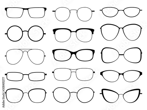 Glasses silhouette. Stylish frame sunglasses, eyeglasses optical eyesight different shapes, frames and fashion rims vector set