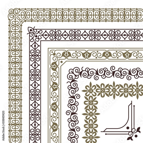 Seamless corners. Filigree flourish ornament borders for wedding card vintage tile frame vector pattern set