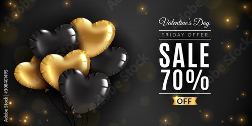Valentines day sale. Romantic love, saint vincent date offer banner with 3d golden and black heart balloons. Greeting card vector mockup