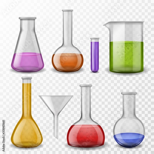 Chemical background. Laboratory experiment chemical equipment glassware. Test tubes, glass flasks with color lab reagents vector set