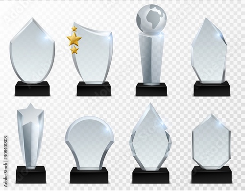 Glass award. Transparent crystal trophy, acrylic achievement and winner prize isolated vector set