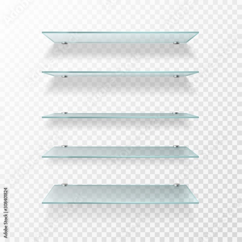 Glass shelves. Transparent wall product display, empty store shelving. Glass showcase isolated vector set