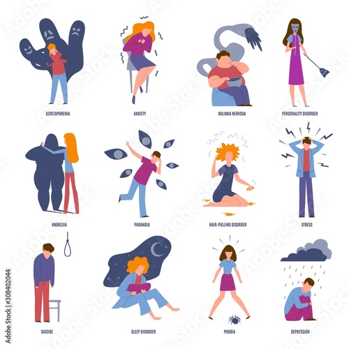 Mental illness set. Illustrated disorder emotions eating anarexia suicide stress and addiction problems isolated vector collection