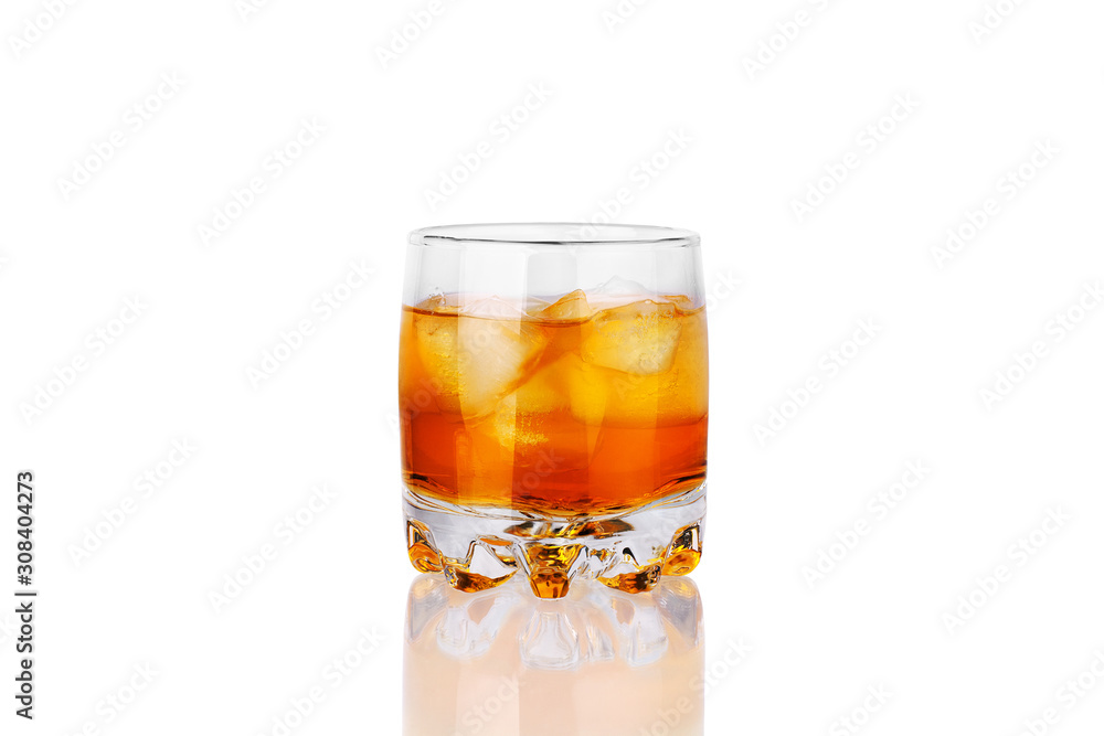 One glass of whiskey with ice cubes and reflection on white background isolated close up, golden alcohol cocktail, amber color cold icy drink, brown rum, yellow whiskey, brandy, scotch, cool beverage One glass of whiskey with ice cubes and reflection on white background isolated close up, golden alcohol cocktail, amber color cold icy drink, brown rum, yellow whiskey, brandy, scotch, cool beverage