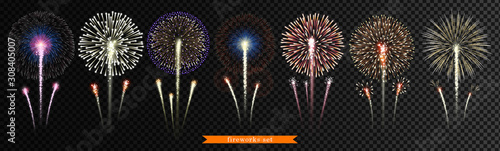 Set of bright, realistic fireworks on a transparent background. Vector illustration