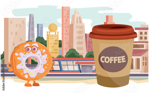 donut character and a glass of coffee on the background of large houses, street food, fast food, vector illustration