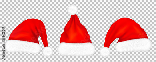 Set of red santa claus hats with fur isolated on transparent background. Vector illustration
