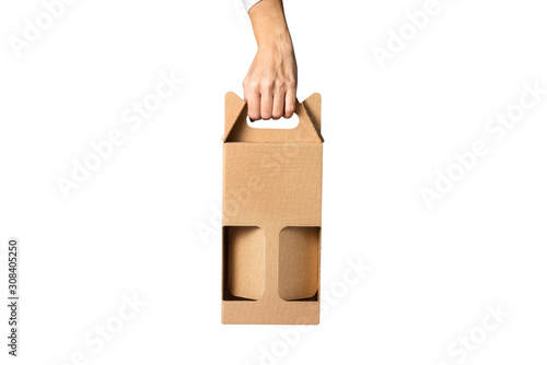 Brown carton box with handle, isolated, for bear bottles
