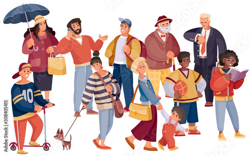 a crowd of women, adolescents, the elderly, businessmen, athletes with a dog, ball, phone, umbrella on a white background and on separate layers, vector illustration