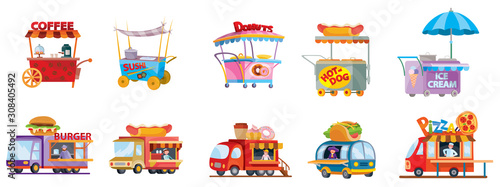 set of fast food trucks and street food carts, isolated object on a white background, vector illustration