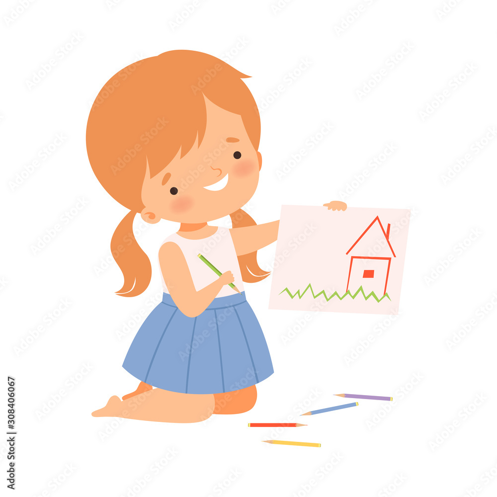 Cute Girl Sitting on the Floor on Her Knees and Drawing Picture with Colorful Pencils, Adorable Young Artist Cartoon Character, Kids Creative Hobby Vector Illustration Cute Girl Sitting on the Floor on Her Knees and Drawing Picture with Colorful Pencils, Adorable Young Artist Cartoon Character, Kids Creative Hobby Vector Illustration