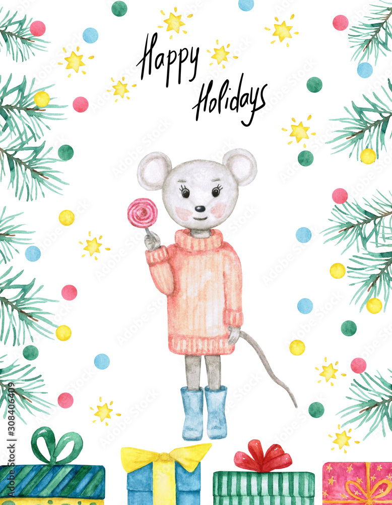 Fototapeta premium 2020, 2020 symbol, animal, art, baby, background, blue, card, cartoon, celebrate, celebration, character, child, christmas, confetti, cute, decoration, design, drawing, festival, funny, graphic, greet