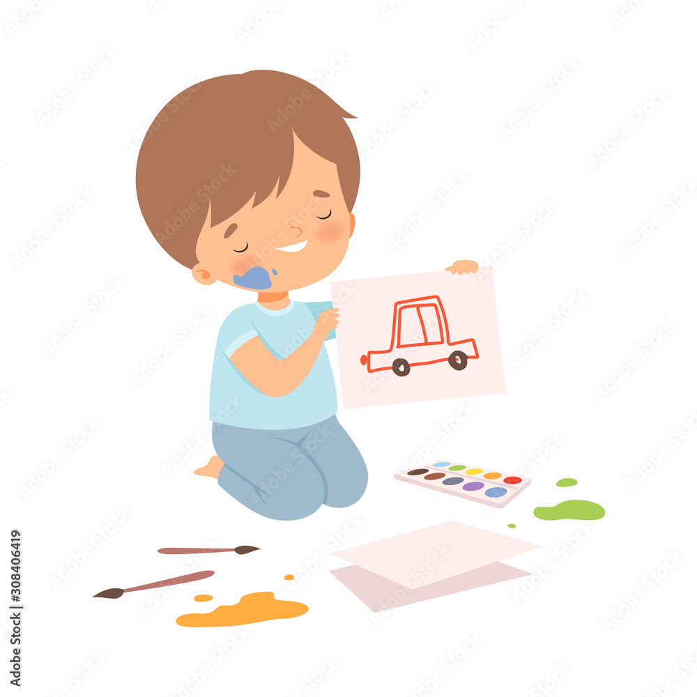 Cute Boy Sitting on the Floor on His Knees and Drawing Picture with Pencils and Paints, Adorable Young Artist Cartoon Character, Kids Creative Hobby Vector Illustration Cute Boy Sitting on the Floor on His Knees and Drawing Picture with Pencils and Paints, Adorable Young Artist Cartoon Character, Kids Creative Hobby Vector Illustration
