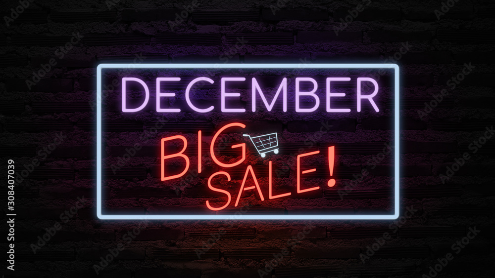 DECEMBER BIG SALE neon light on wall. Sale banner blinking neon sign style