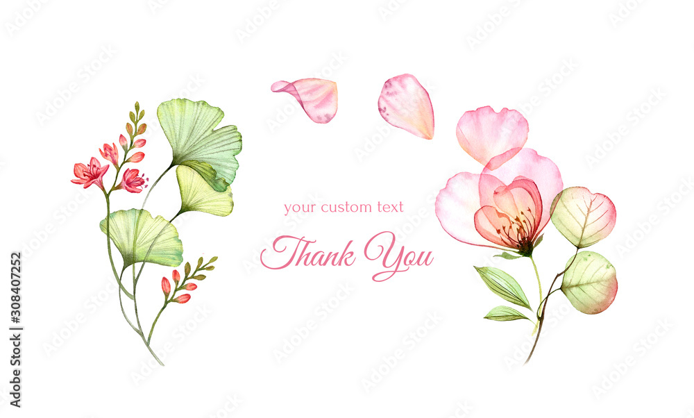 Thank You card with watercolor flowers. Transparent rose with flying petals isolated on white. Arch composition. Botanical floral illustrations for wedding invitations, stationery, greeting cards.