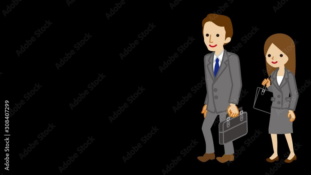 Alpha channel file - Animation of employee couple who walk and passing through the screen - cartoon style Alpha channel file - Animation of employee couple who walk and passing through the screen - cartoon style
