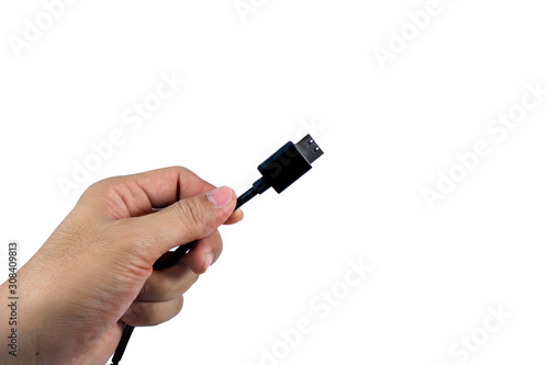 Hdmi cable in hand on the White Blackground