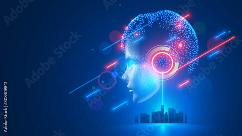 AI controls smart city infrastructure. Artificial intelligence analyze big data urban systems. Abstract cybernetics silhouette head woman with neural network brain in cyberspace. Futuristic concept.