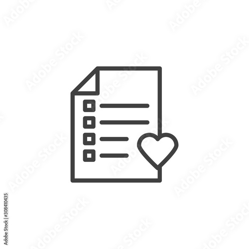 Marriage contract document line icon. linear style sign for mobile concept and web design. Checklist and heart outline vector icon. Heart diagnostic list symbol, logo illustration. Vector graphics