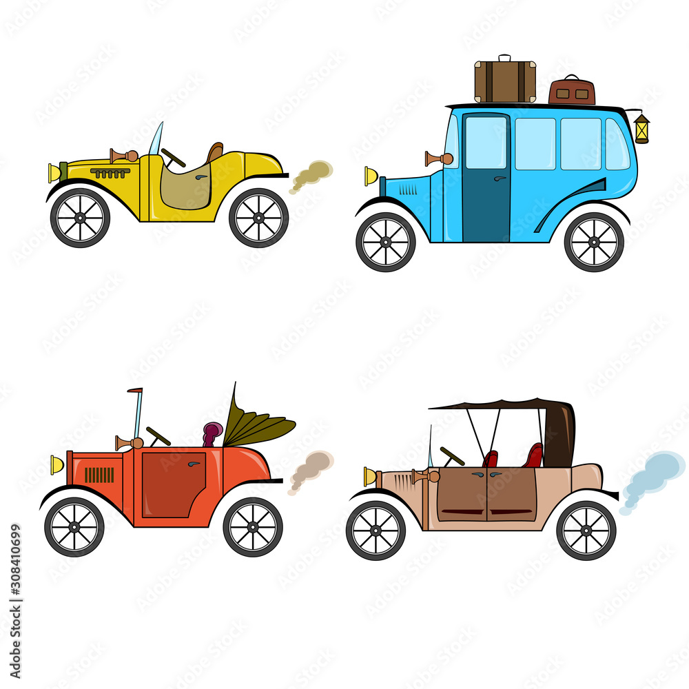 Set of retro cars and bus in cartoon style on a white background. Collection with vintage cars and bus.