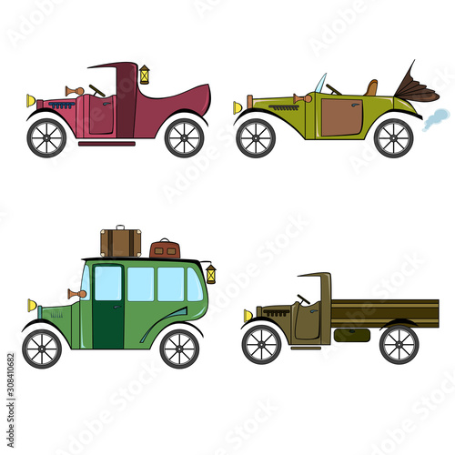 Set of retro car, bus, pickup and truck in cartoon style on a white background. Collection with vintage car, bus, pickup and truck.