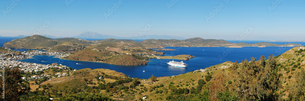 Panoramic view of the bay on the Greek island of Patmos.