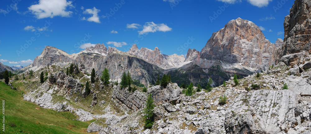 Panoramic view of the Dolomites mountain range. Italy.