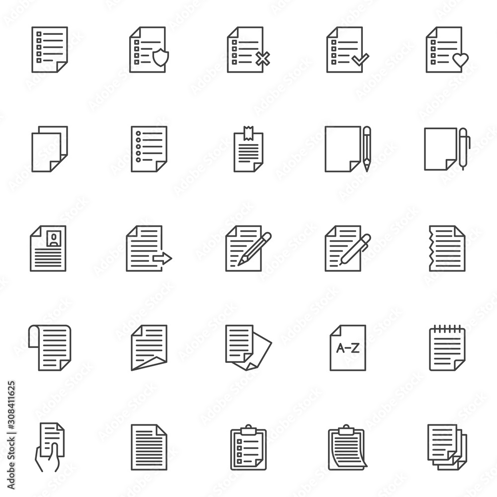 Paper documents line icons set. Checklist linear style symbols collection, outline signs pack. Document files vector graphics. Set includes icons as wishlist, questionnaire, to do list, note paper Paper documents line icons set. Checklist linear style symbols collection, outline signs pack. Document files vector graphics. Set includes icons as wishlist, questionnaire, to do list, note paper