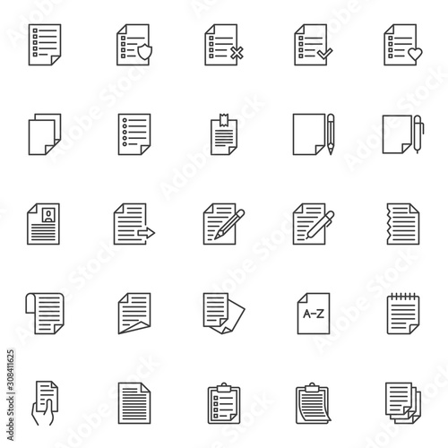 Paper documents line icons set. Checklist linear style symbols collection, outline signs pack. Document files vector graphics. Set includes icons as wishlist, questionnaire, to do list, note paper