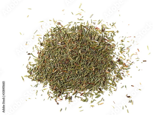 Dry thyme pile isolated on white background, top view 