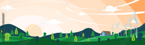 house and wind turbine in the mountain evening sky flat design 