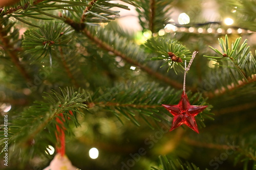 red star decoration on a Christmas tree