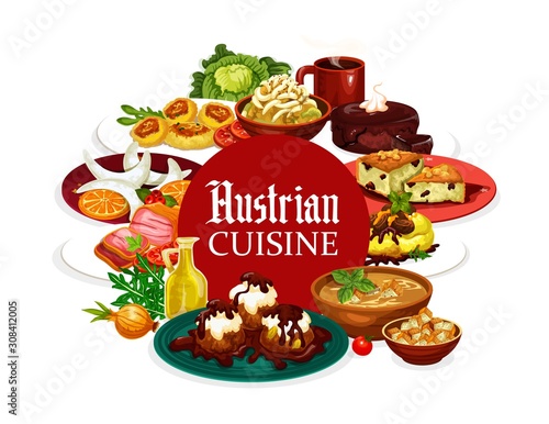 National food of Austria, Austrian cuisine dishes frame. Vector desserts and cup of coffee, vegetables and greens. Potato salad, vasilopita and , vanilla cookies, galushka in shamploi