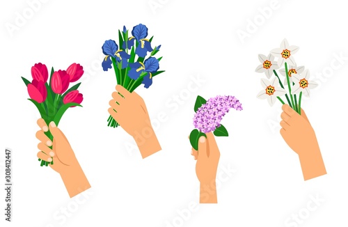 Hands holding bouquets. Spring flowers, isolated gift bouquet vector set