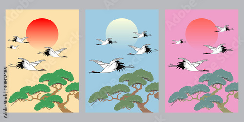 Japanese crane and pine tree with rising sun abstract background