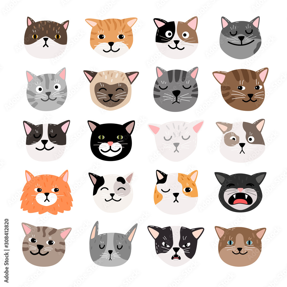 Funny cats face emtions. Cute funny cat characters faces, animals emtion set, happy and angry, sad and haughty mood heads