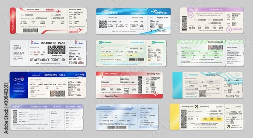Airways tickets and boarding passes mockups. Vector avia company traveling by plane documents with time of departure and arrival, seat number and date. Avia boarding pass with QR2 or barcode symbol photo