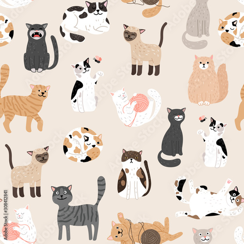 Kitty seamless pattern. Color cute cats vector background, colorful kittens texture for animals baby fabric design