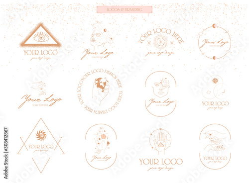 Collection of logos and icons in hand drawn style. Nature, Yoga, Skin care, Personal brand, psychology, astrology and esoteric concept illustration. Editable vector illustration.