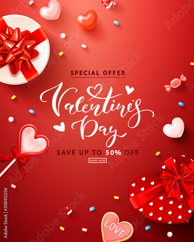 Valentine's day sale vertical background with gift boxes, hearts, Lollipop, cookies, marshmallows and streamers. Modern design.Universal vector background for poster, banners, flyers, card,advertising
